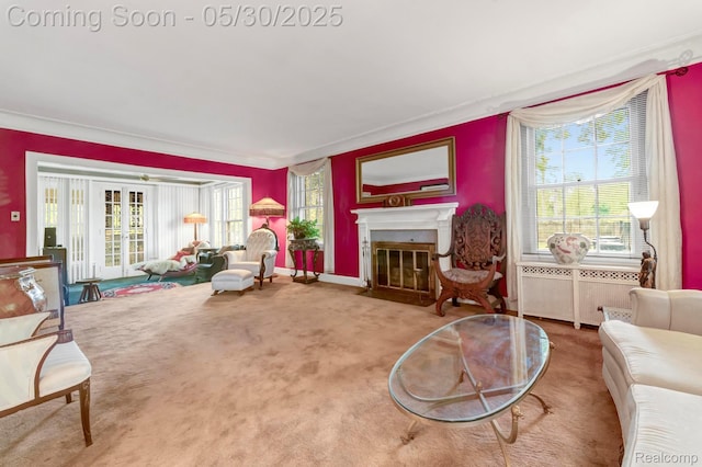 2918 Burns St, Detroit, MI 48214 - carpeted living area with a fireplace with flush hearth and baseboards