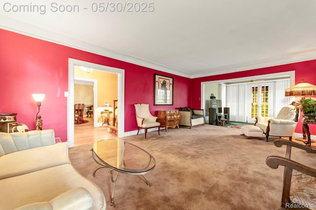 2918 Burns St, Detroit, MI 48214 - living room featuring ornamental molding, carpet flooring, and baseboards