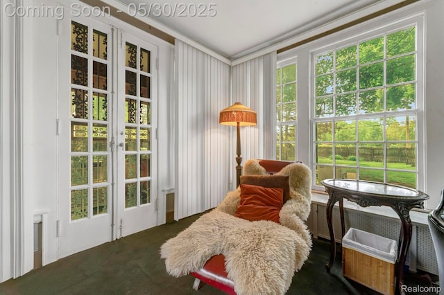 2918 Burns St, Detroit, MI 48214 - sitting room with french doors, dark colored carpet, and crown molding