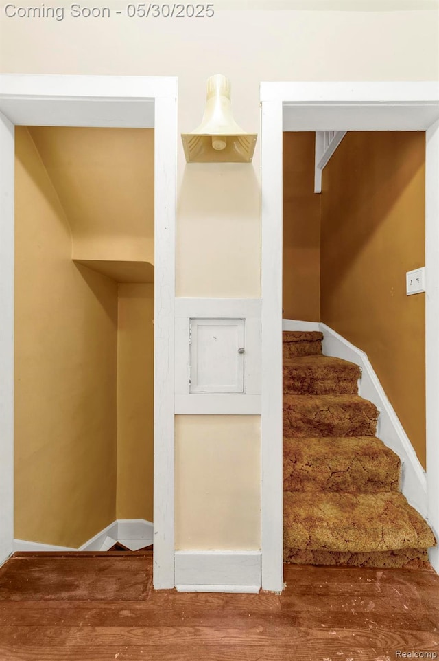 2918 Burns St, Detroit, MI 48214 - stairway featuring wood finished floors and baseboards
