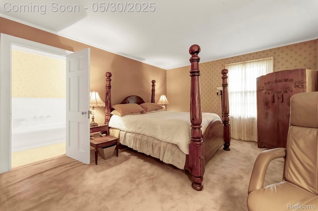 2918 Burns St, Detroit, MI 48214 - bedroom featuring light carpet, wallpapered walls, and crown molding