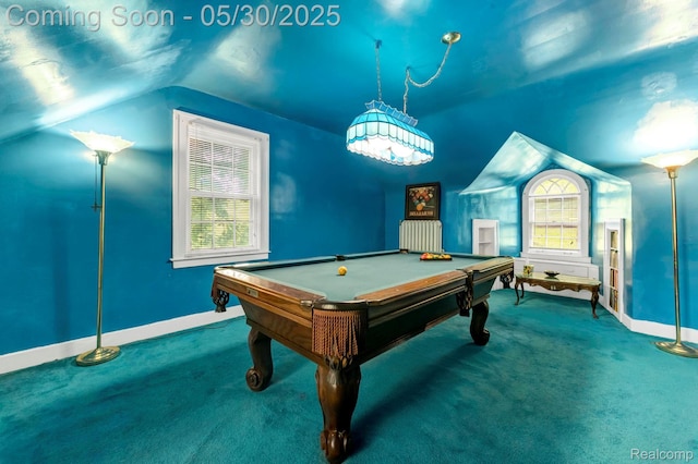 2918 Burns St, Detroit, MI 48214 - game room with lofted ceiling, baseboards, carpet floors, and billiards table
