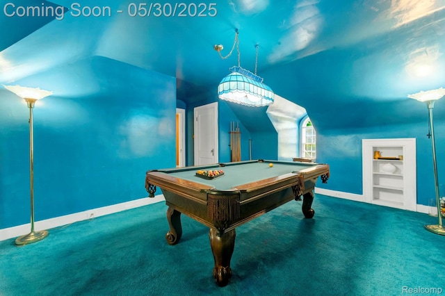 2918 Burns St, Detroit, MI 48214 - recreation room featuring vaulted ceiling, carpet floors, baseboards, and billiards