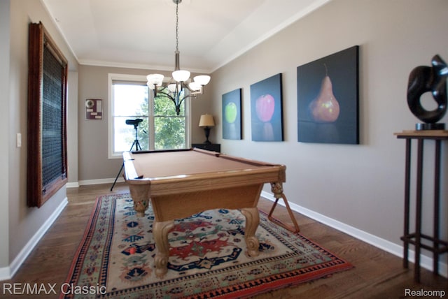 826 Wolverine Dr, Wolverine Lake, MI 48390 - recreation room featuring dark wood-type flooring, billiards, baseboards, and a chandelier