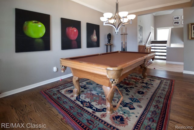 826 Wolverine Dr, Wolverine Lake, MI 48390 - playroom with baseboards, wood finished floors, a chandelier, and pool table
