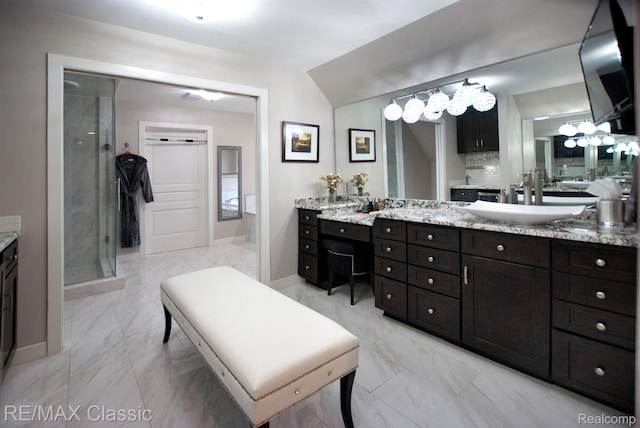 826 Wolverine Dr, Wolverine Lake, MI 48390 - bathroom with marble finish flooring, vanity, a stall shower, and baseboards