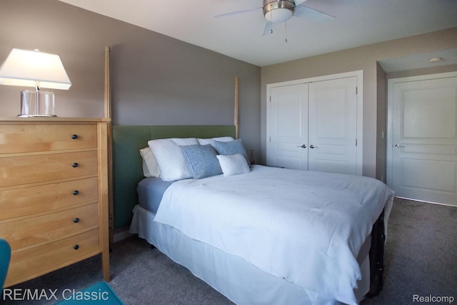 826 Wolverine Dr, Wolverine Lake, MI 48390 - bedroom featuring dark carpet, a closet, and ceiling fan