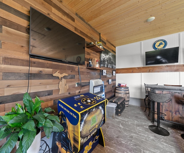826 Jennie Pl, Monroe, MI 48161 - misc room with wooden walls, wood ceiling, marble finish flooring, and a dry bar