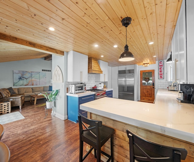 826 Jennie Pl, Monroe, MI 48161 - kitchen with premium appliances, custom exhaust hood, a peninsula, wood ceiling, and backsplash