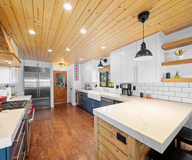 826 Jennie Pl, Monroe, MI 48161 - kitchen featuring a sink, high quality appliances, open shelves, blue cabinetry, and a peninsula