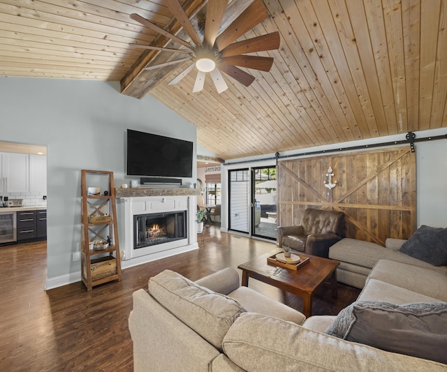 826 Jennie Pl, Monroe, MI 48161 - living area featuring wine cooler, beam ceiling, dark wood-style floors, a ceiling fan, and a barn door