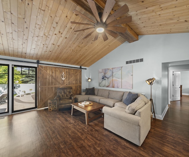 826 Jennie Pl, Monroe, MI 48161 - living area featuring wood finished floors, ceiling fan, wood ceiling, baseboards, and a barn door