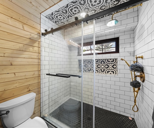 826 Jennie Pl, Monroe, MI 48161 - bathroom featuring toilet, wood walls, and a shower stall