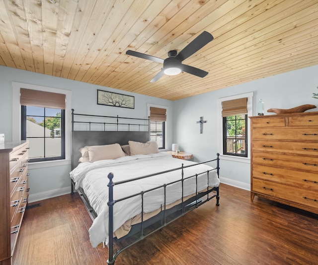 826 Jennie Pl, Monroe, MI 48161 - bedroom with wood ceiling, multiple windows, baseboards, dark wood-type flooring, and ceiling fan