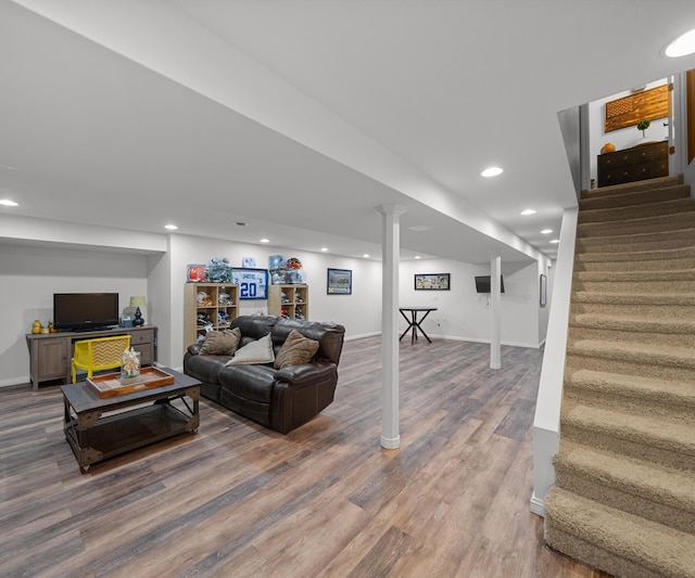 826 Jennie Pl, Monroe, MI 48161 - living area with stairway, wood finished floors, recessed lighting, and baseboards