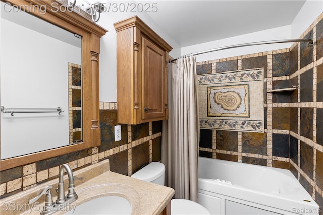 20791 Busenbark Ln, Brownstown, MI 48183 - bathroom featuring toilet, vanity, shower / bathtub combination with curtain, decorative backsplash, and tile walls