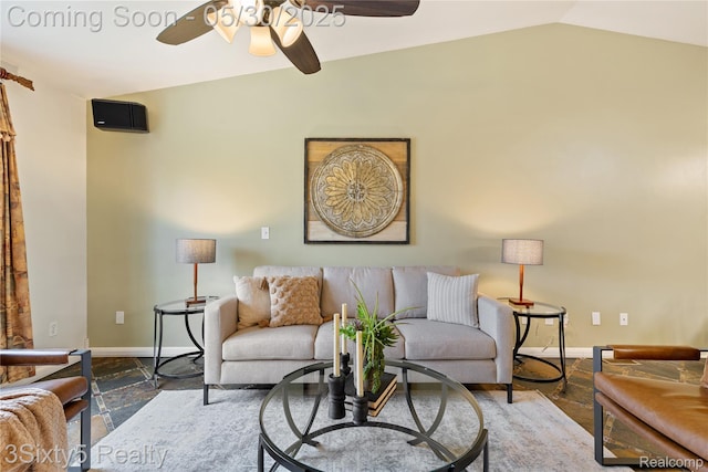 20791 Busenbark Ln, Brownstown, MI 48183 - living room with a ceiling fan, baseboards, and vaulted ceiling
