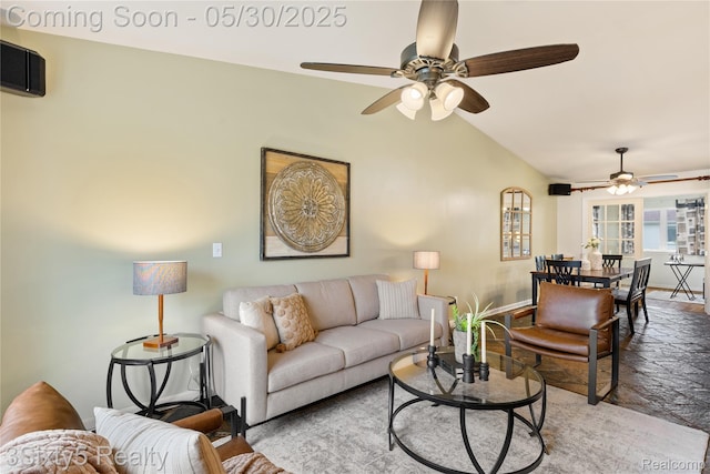 20791 Busenbark Ln, Brownstown, MI 48183 - living area featuring ceiling fan, wood finished floors, vaulted ceiling, and baseboards