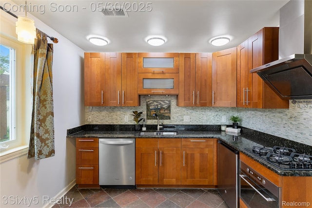 20791 Busenbark Ln, Brownstown, MI 48183 - kitchen featuring stainless steel dishwasher, a sink, wall chimney exhaust hood, wall oven, and black gas cooktop