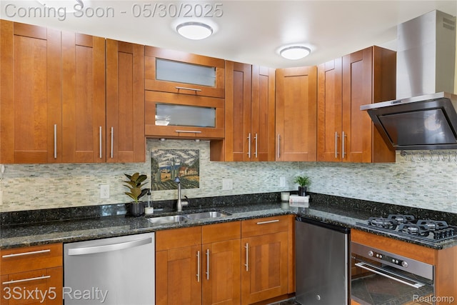 20791 Busenbark Ln, Brownstown, MI 48183 - kitchen featuring dishwasher, a sink, oven, wall chimney range hood, and dark stone countertops