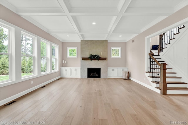 19138 Riverside Dr, Beverly Hills, MI 48025 - unfurnished living room with light wood-style floors, baseboards, coffered ceiling, stairs, and recessed lighting