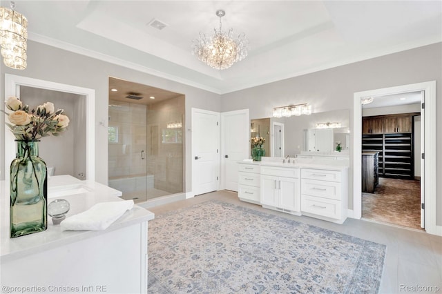 19138 Riverside Dr, Beverly Hills, MI 48025 - full bathroom featuring a chandelier, vanity, a stall shower, recessed lighting, and tile patterned flooring