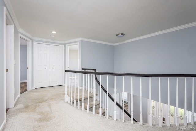 667 Heritage Ln, Rochester, MI 48309 - corridor with crown molding, carpet floors, an upstairs landing, recessed lighting, and baseboards