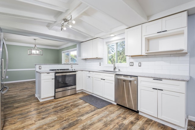 667 Heritage Ln, Rochester, MI 48309 - kitchen featuring appliances with stainless steel finishes, a sink, a peninsula, dark wood finished floors, and beam ceiling