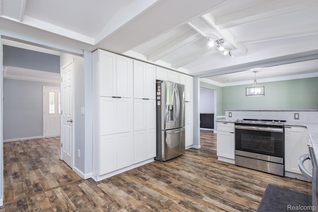 667 Heritage Ln, Rochester, MI 48309 - kitchen with stainless steel appliances, beam ceiling, dark wood-style flooring, and white cabinetry