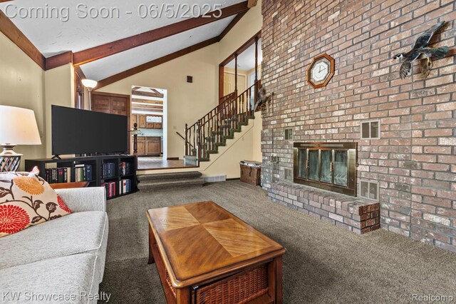 3430 Woodvalley Dr, Lapeer, MI 48446 - carpeted living area featuring high vaulted ceiling, a brick fireplace, beamed ceiling, stairs, and baseboards