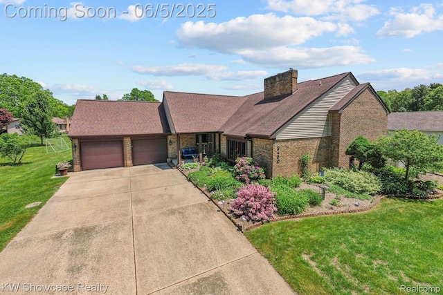 3430 Woodvalley Dr, Lapeer, MI 48446 - view of front facade featuring brick siding, a garage, a front yard, concrete driveway, and a chimney