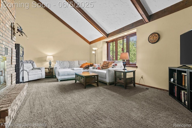 3430 Woodvalley Dr, Lapeer, MI 48446 - carpeted living room featuring high vaulted ceiling, beam ceiling, and baseboards