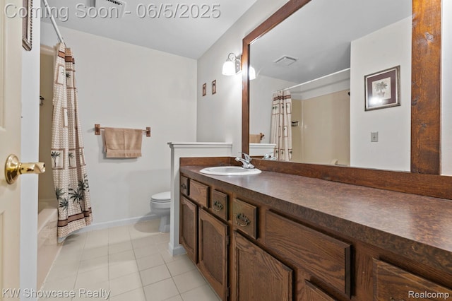 3430 Woodvalley Dr, Lapeer, MI 48446 - bathroom with toilet, vanity, baseboards, tile patterned floors, and shower / bath combination with curtain
