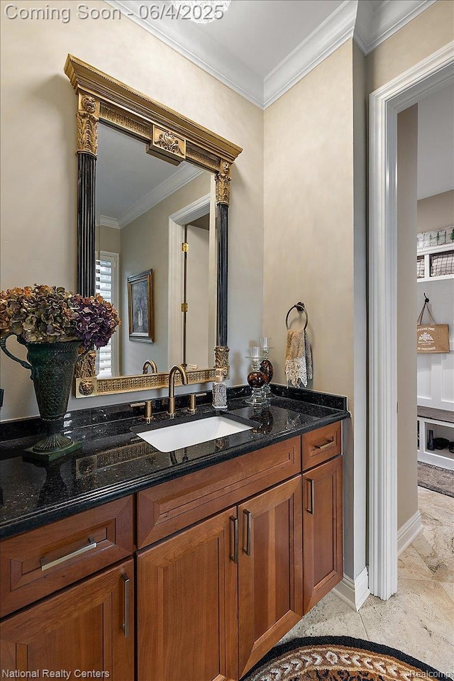 3448 Circle Dr, Commerce Twp, MI 48382 - bathroom with ornamental molding, vanity, and baseboards