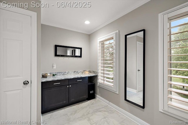 3448 Circle Dr, Commerce Twp, MI 48382 - bathroom with marble look tile flooring, crown molding, vanity, and baseboards
