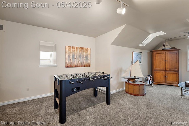 3448 Circle Dr, Commerce Twp, MI 48382 - game room featuring carpet, track lighting, vaulted ceiling, baseboards, and ceiling fan