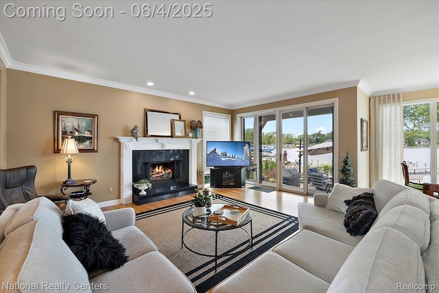 3448 Circle Dr, Commerce Twp, MI 48382 - living room with ornamental molding, wood finished floors, baseboards, a fireplace, and recessed lighting