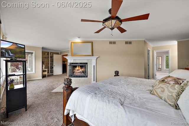3448 Circle Dr, Commerce Twp, MI 48382 - bedroom featuring ornamental molding, carpet floors, a warm lit fireplace, and baseboards
