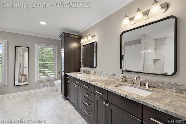 3448 Circle Dr, Commerce Twp, MI 48382 - full bathroom featuring toilet, double vanity, marble finish floors, ornamental molding, and baseboards