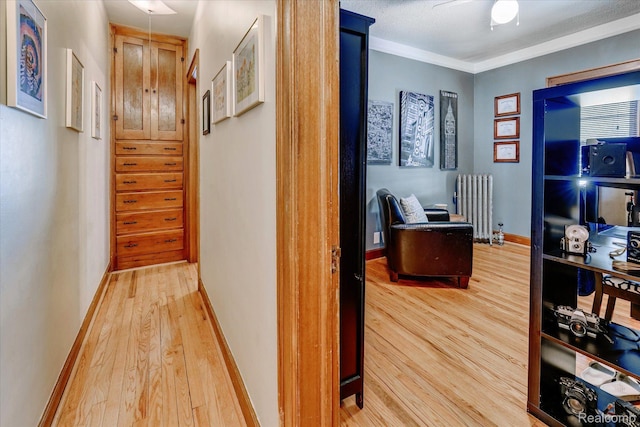 203 6th St, Fenton, MI 48430 - corridor featuring radiator, light wood-type flooring, crown molding, and baseboards