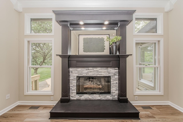 9117 Cambridge Dr, Saline, MI 48176 - detailed view of wood finished floors, crown molding, baseboards, and a stone fireplace