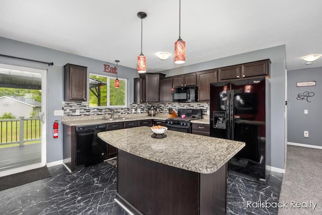 184 Dana Ln, Sand Lake, MI 49343 - kitchen featuring black appliances, dark brown cabinets, backsplash, and baseboards
