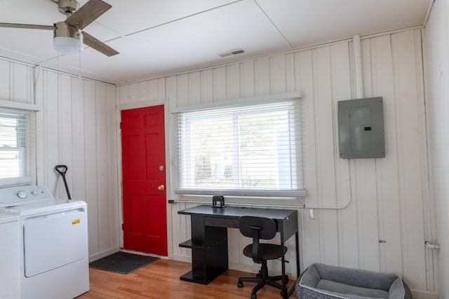 23067 Stauber Ave, Hazel Park, MI 48030 - washroom featuring electric panel, ceiling fan, washing machine and clothes dryer, and plenty of natural light