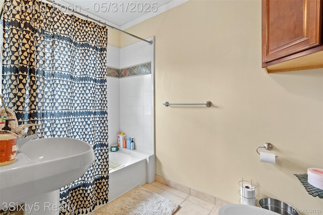 6568 Balfour Ave, Allen Park, MI 48101 - full bathroom with tile patterned floors, shower / tub combo with curtain, a sink, ornamental molding, and baseboards