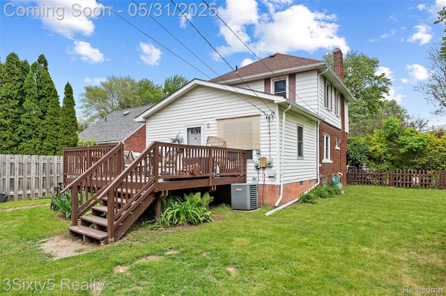 6568 Balfour Ave, Allen Park, MI 48101 - back of house featuring a chimney, central air condition unit, a wooden deck, and crawl space