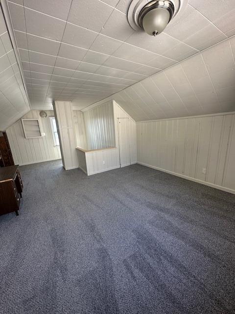 1858 Leblanc St, Lincoln Park, MI 48146 - additional living space with dark colored carpet, vaulted ceiling, and wooden walls