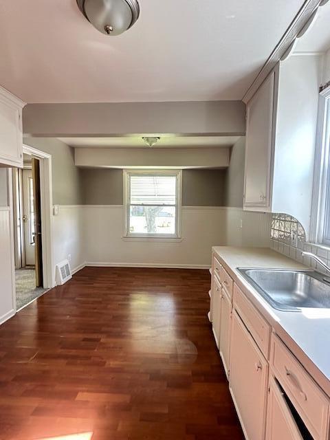 1858 Leblanc St, Lincoln Park, MI 48146 - kitchen featuring a sink, light countertops, dark wood-style floors, and baseboards