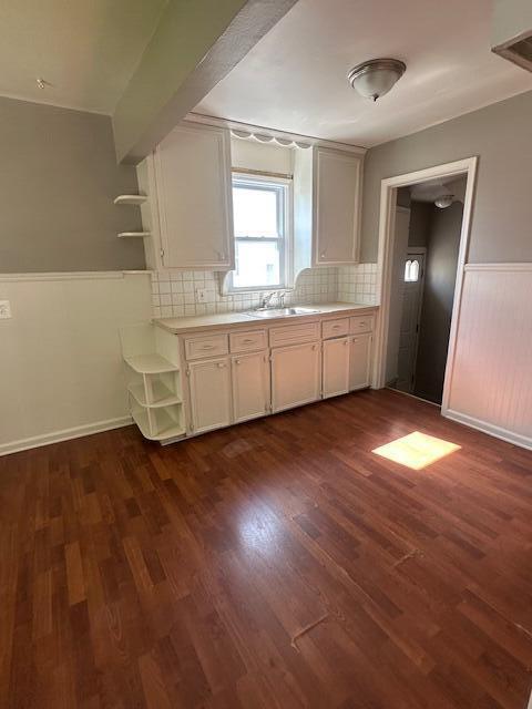 1858 Leblanc St, Lincoln Park, MI 48146 - kitchen featuring open shelves, light countertops, dark wood-type flooring, a sink, and a wainscoted wall
