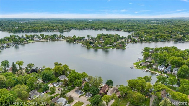8569 Cooley Beach Dr, White Lake, MI 48386 - aerial view of property's location featuring a forest, a nearby body of water, and nearby suburban area