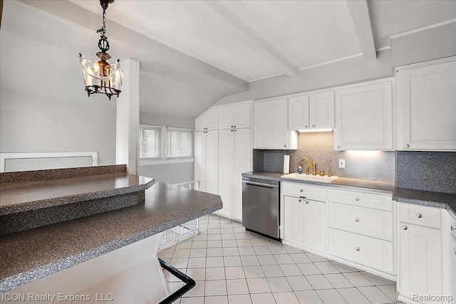 8569 Cooley Beach Dr, White Lake, MI 48386 - kitchen with dishwasher, a sink, white cabinets, dark countertops, and light tile patterned floors